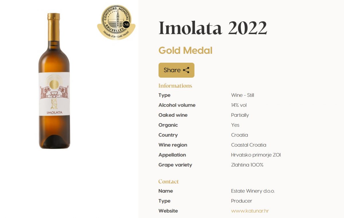 Žlahtina Imolata iz Katunar Estate Winery zlatna na Concours Mondial de Bruxelles