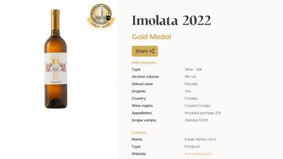 Žlahtina Imolata iz Katunar Estate Winery zlatna na Concours Mondial de Bruxelles